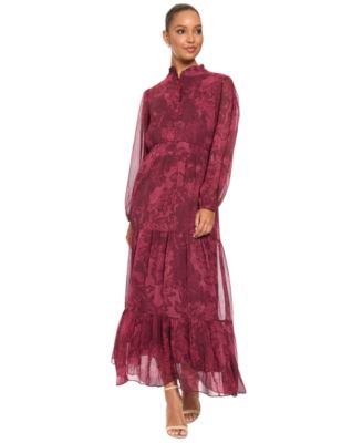 Women's Floral-Print Sheer Long-Sleeve Tiered Long Dress