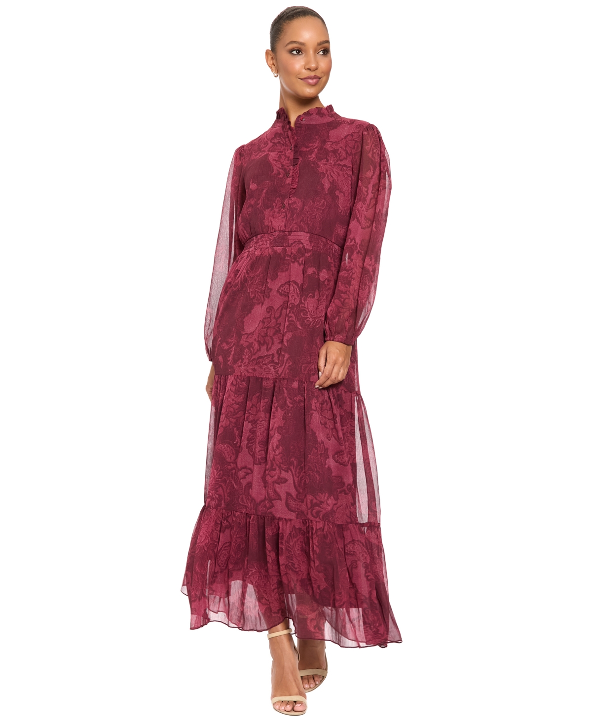London Times Women's Floral-Print Sheer Long-Sleeve Tiered Long Dress - Brown/Mauve