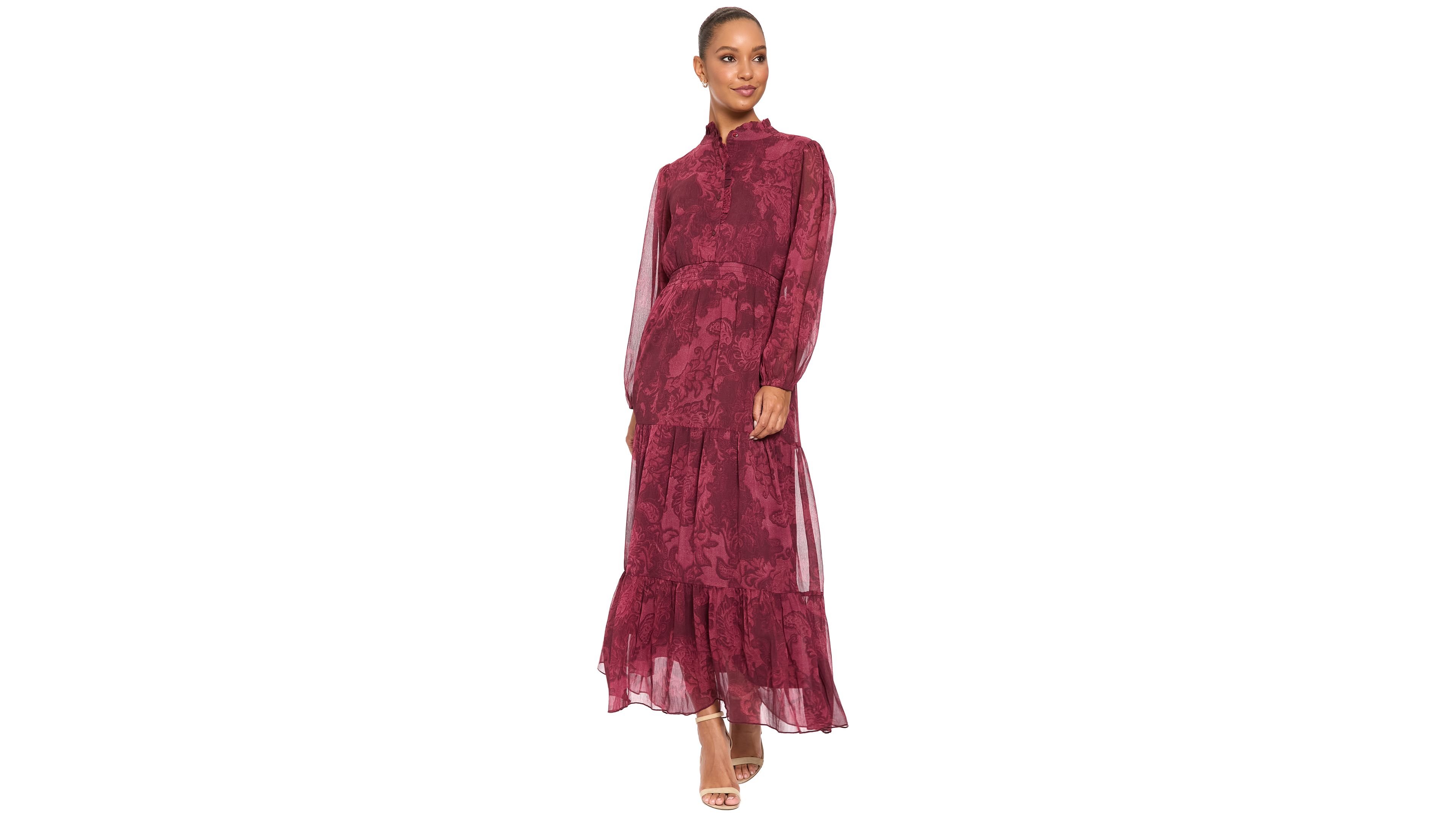 London Times Womens Floral Print Sheer Long Sleeve Tiered Long Dress