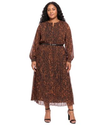 Plus Size Pleated Skirt Belted Mid Animal-Print Chiffon Dress