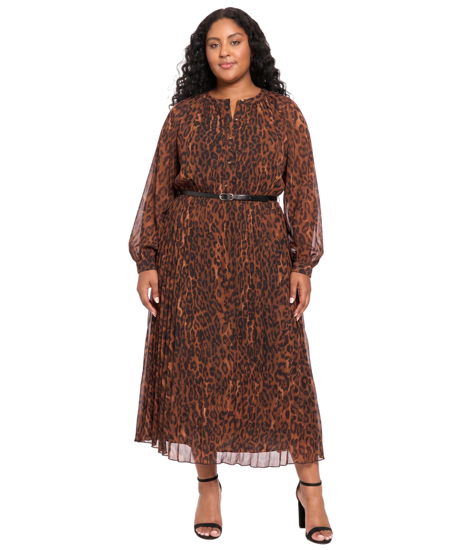 Plus Size Pleated Skirt Belted Mid Animal-Print Chiffon Dress