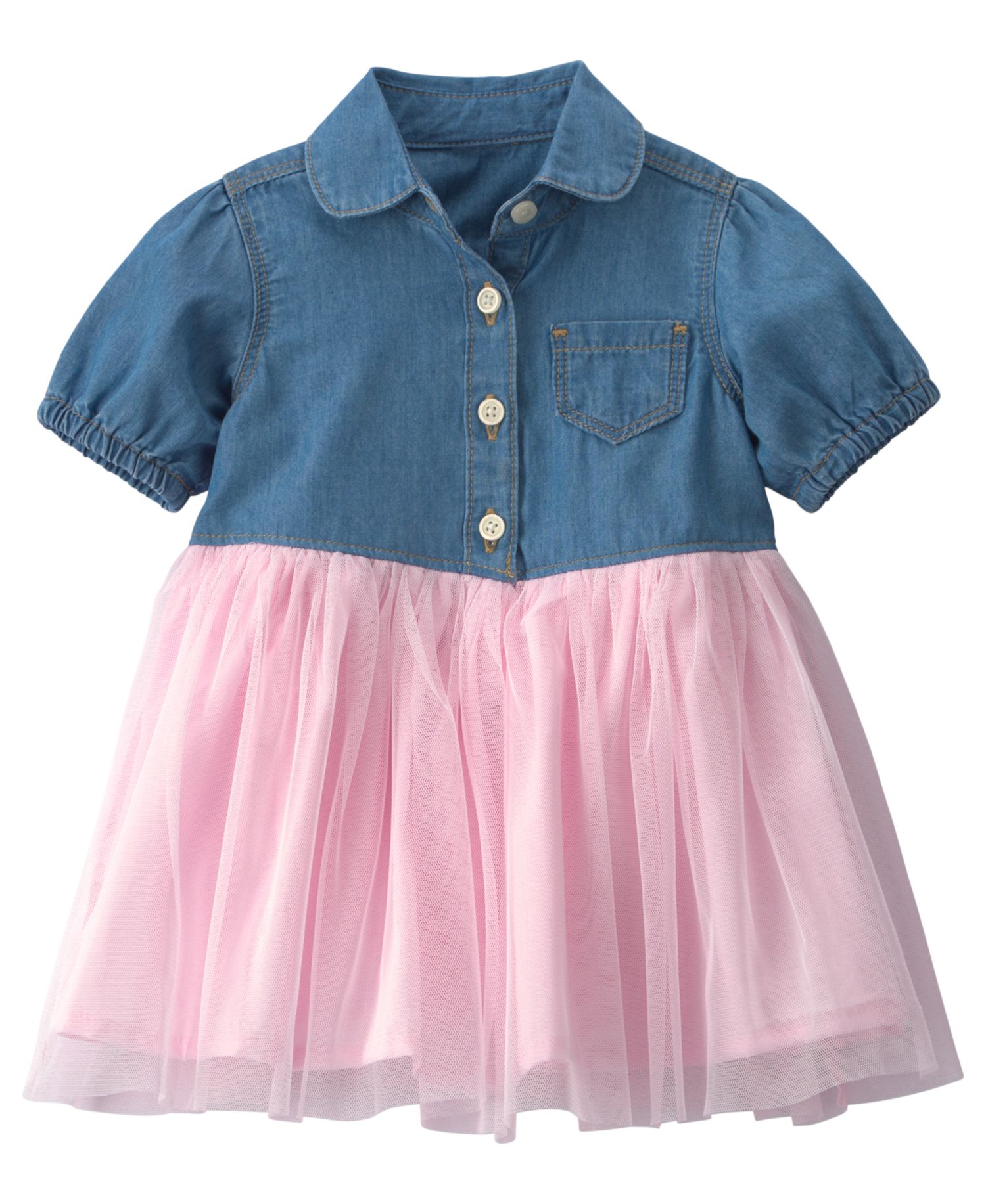Baby Girls' Chambray Tulle Short-Sleeve Dress and Bloomers, 2-Piece Set