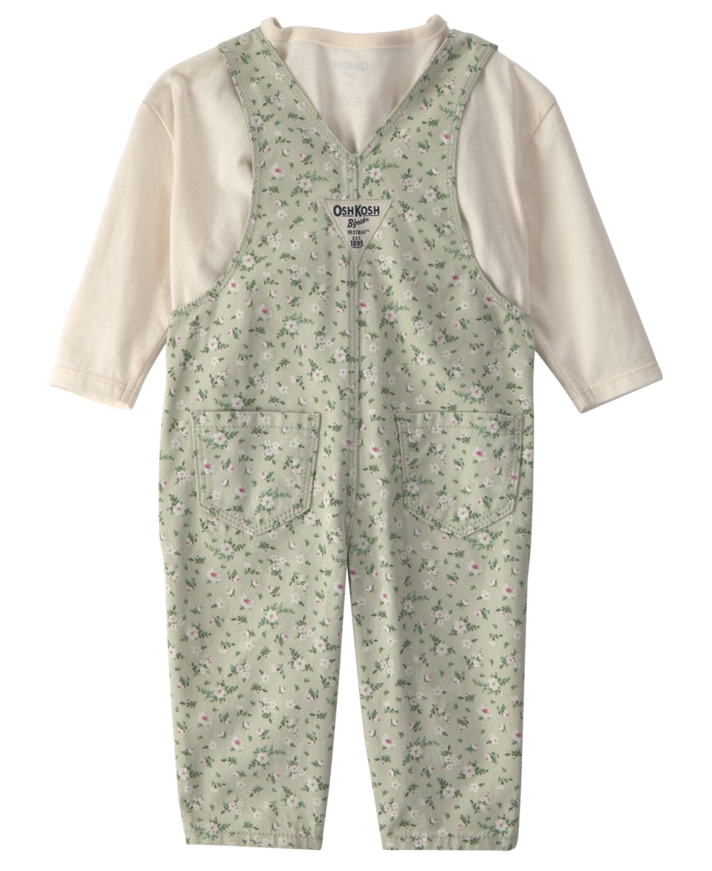Детский комплект Oshkosh B'Gosh для девочки: топ и цветочный твиловый полукомбинезон, цвет: Зелёный / Слоновая кость — фото 2