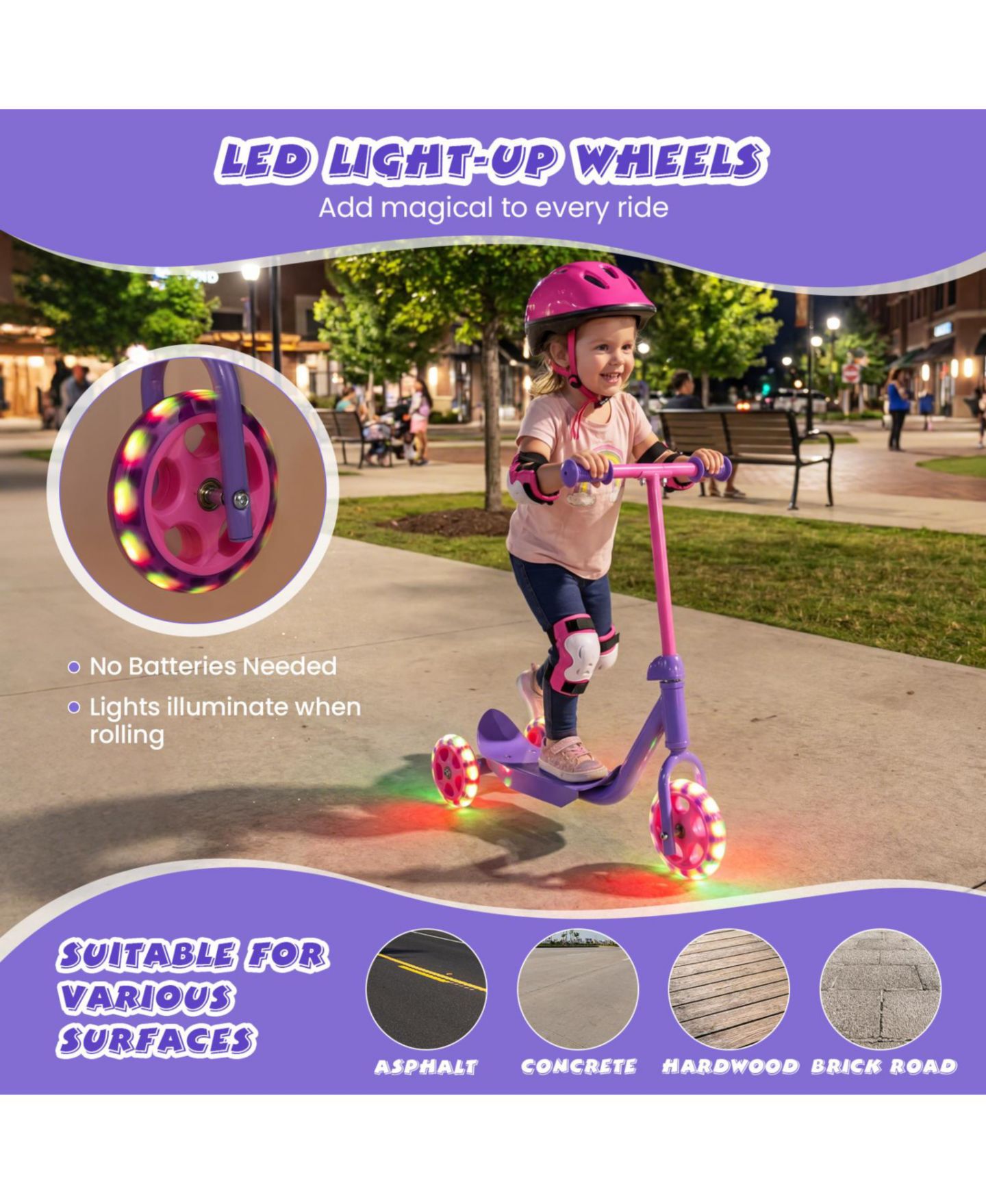 Детская игрушка Slickblue Kids 3-Wheel Scooter with LED Wheels and Anti-Slip Deck, цвет: Розовый / Фиолетовый — фото 5