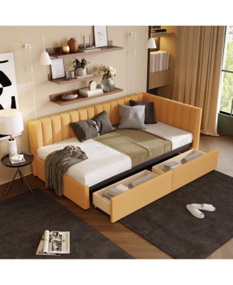 Twin Size Upholstered Daybed with 2 Storage Drawers, Linen Fabric