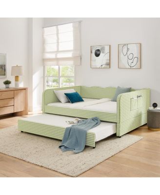   Gingham Upholstered 3-in-1 Full-Size Daybed with Trundle and Storage