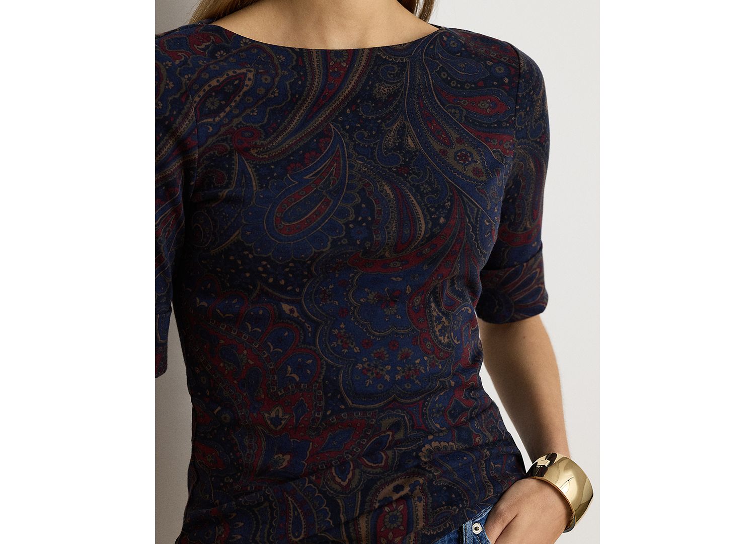 Petite Paisley Boat-Neck Stretch Cotton-Blend T-Shirt