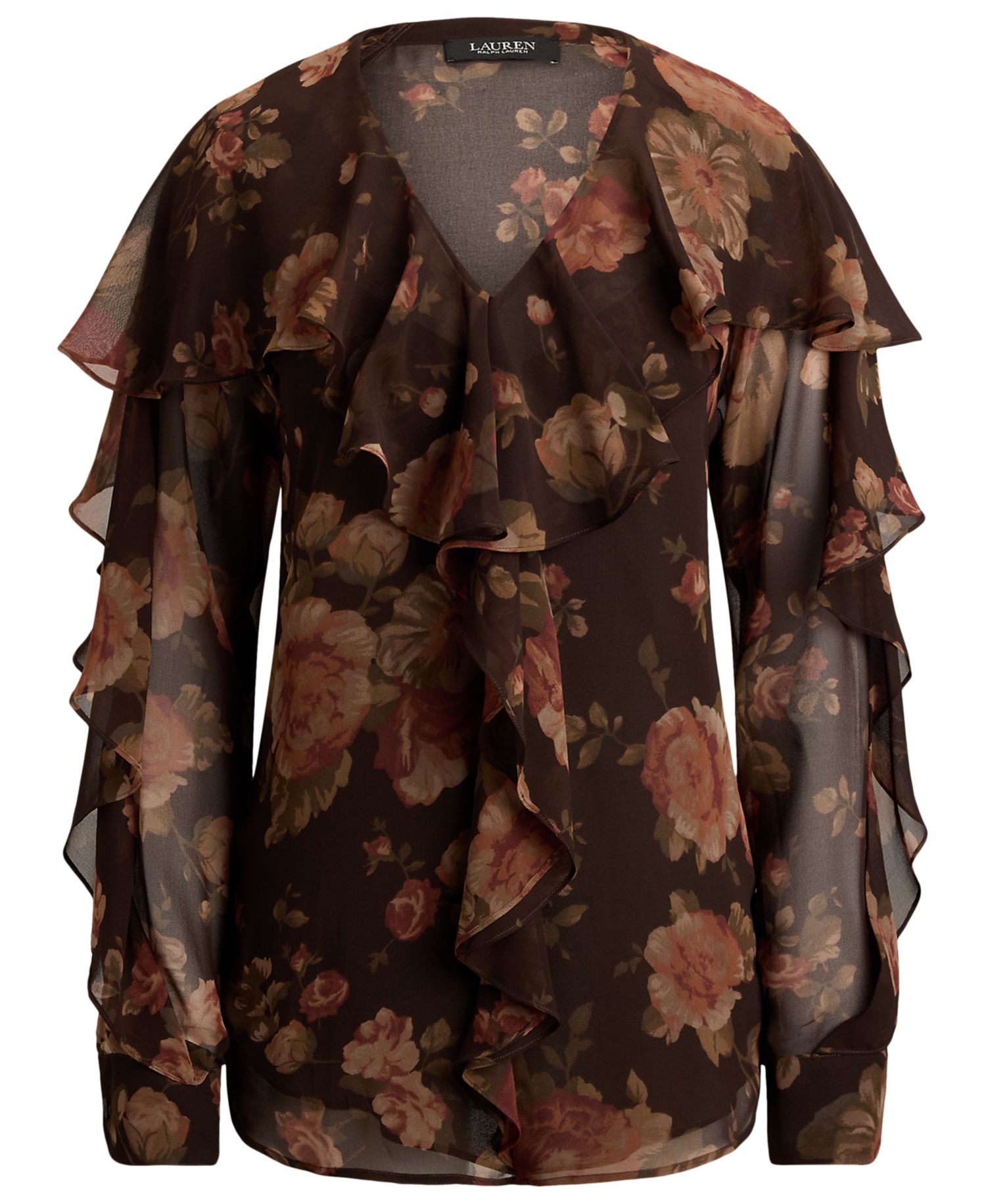Petite Floral Ruffle-Trim Chiffon V-Neck Blouse