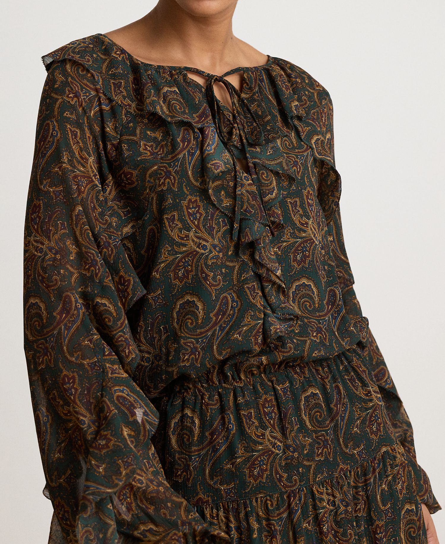 Petite Paisley Long-Sleeve Tiered Maxi Dress