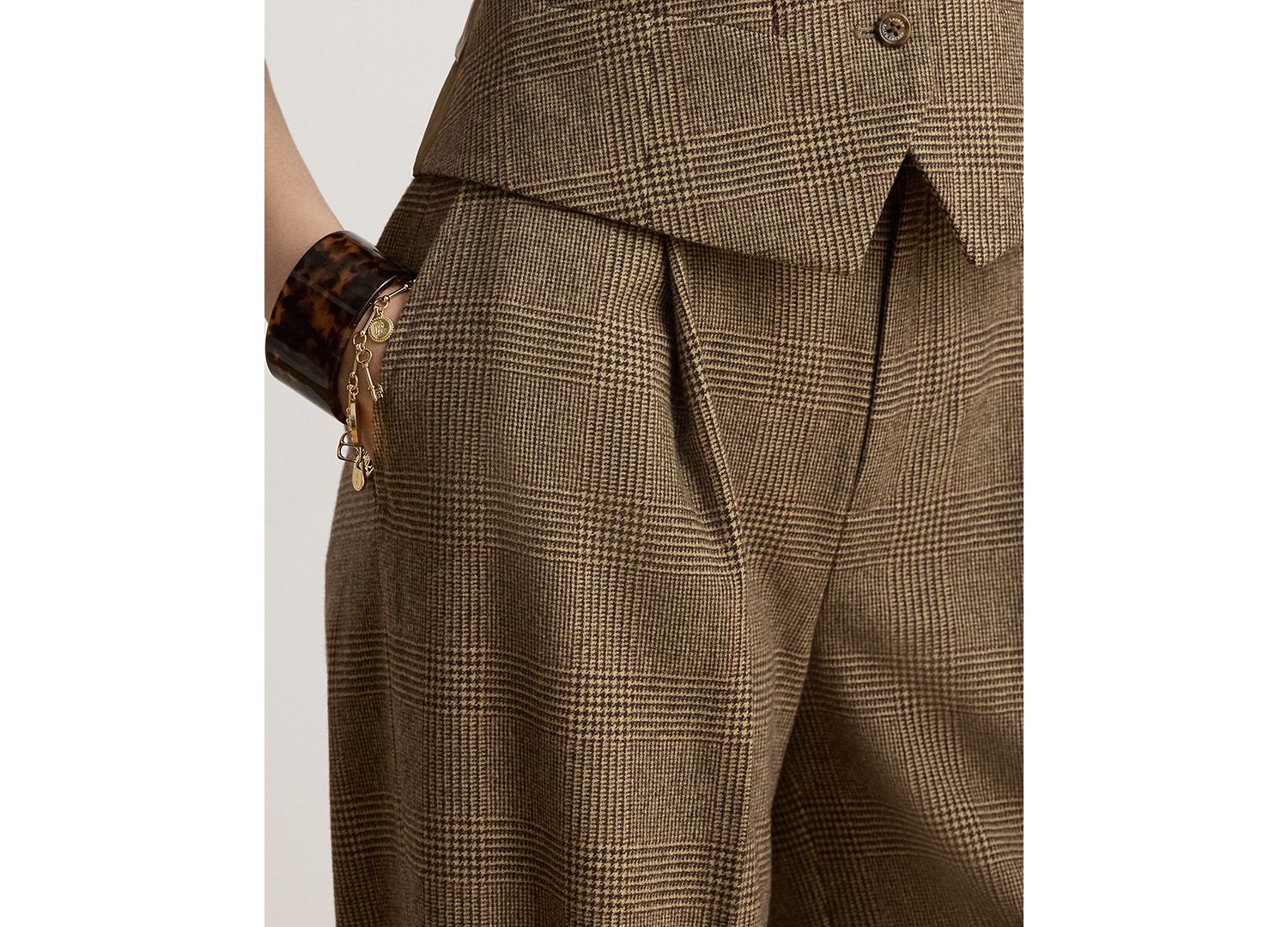 Petite High-Rise Wide-Leg Plaid Wool Pants, 29" Inseam