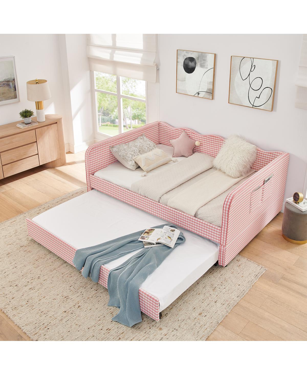 Streamdale Furniture Gingham Upholstered 3-in-1 Convertible Daybed with Trundle and Storage