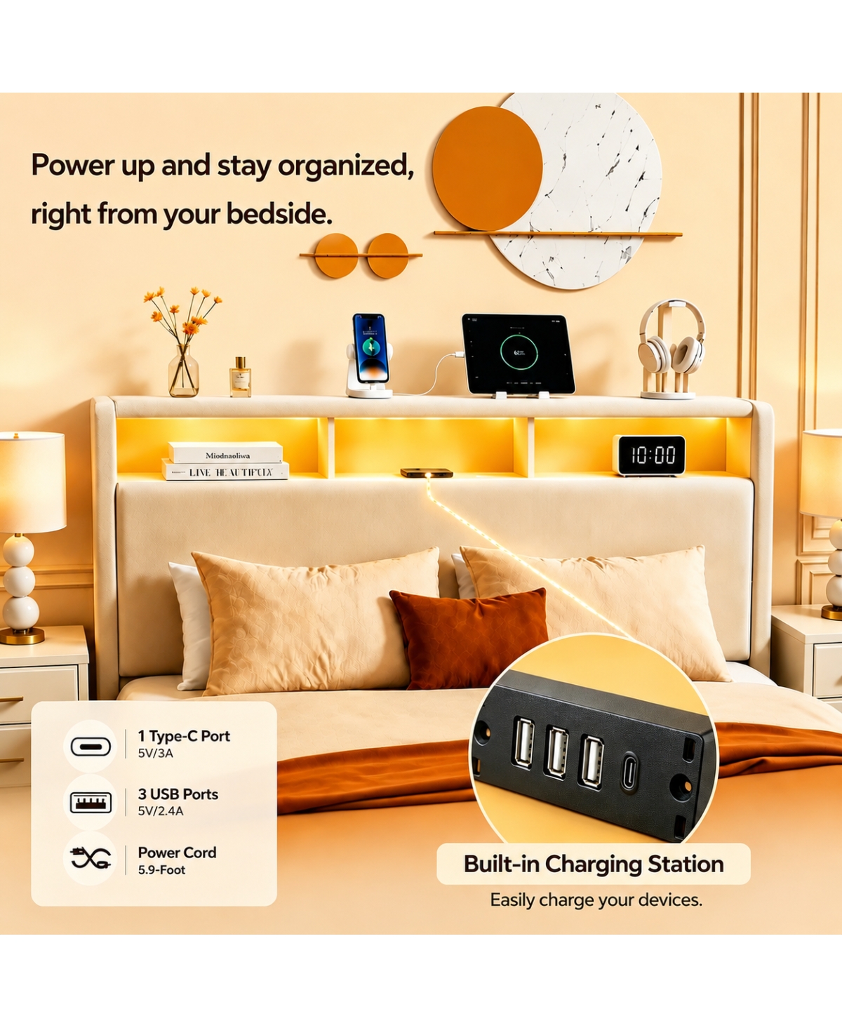 Streamdale Furniture Queen-Size Upholstered Storage Bed with Led Lights, Charging Station and Drawers
