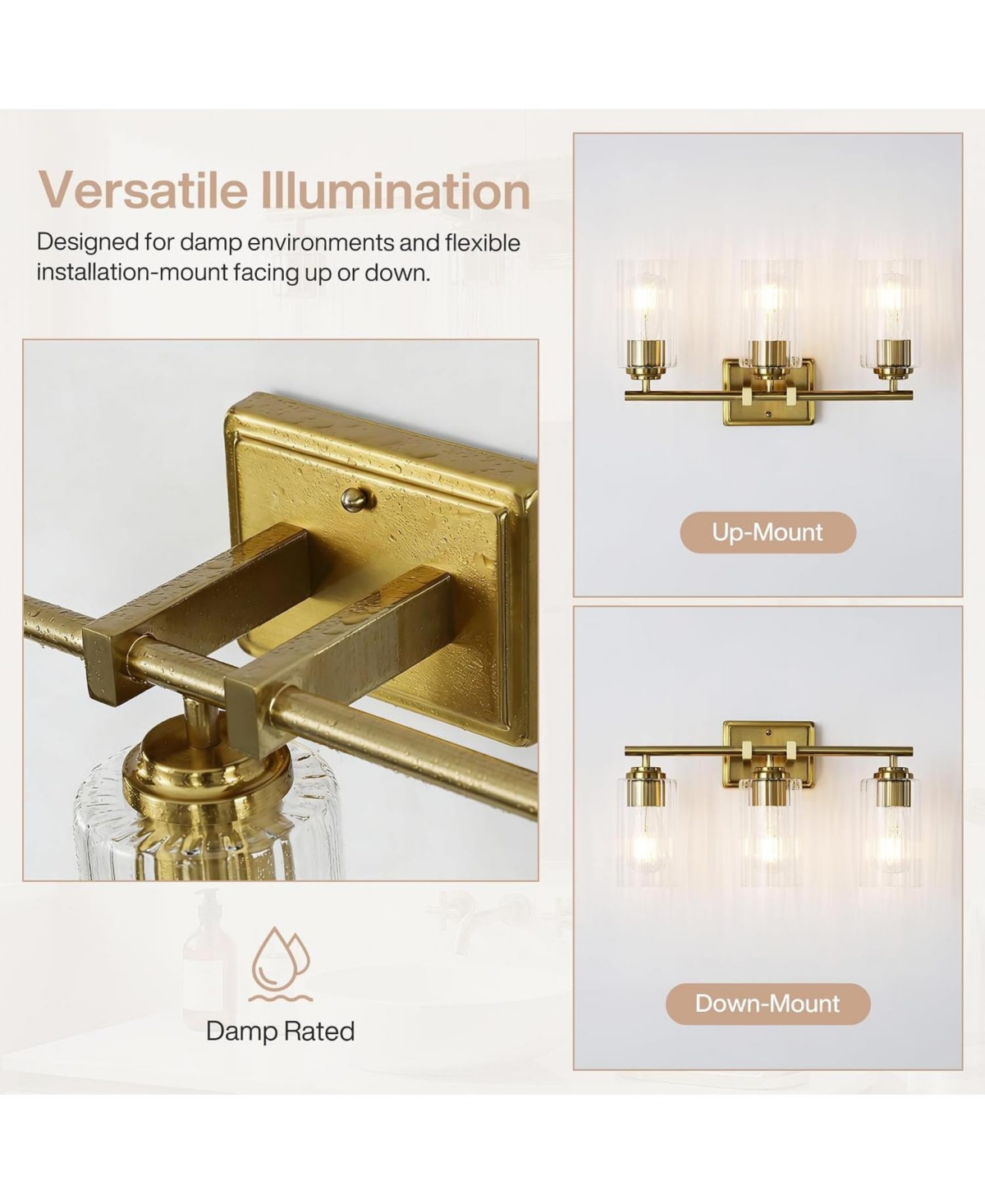 Tribesigns 3 Bathroom Vanity Light Fixture, Adjustable Modern Wall Sconce with Ribbed Glass Shades, Brass Vanity Lighting, E26 Base