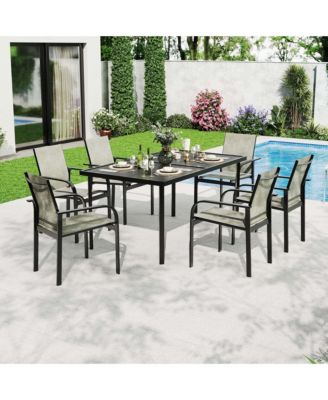 7-Piece Outdoor Patio Dining Set with 55" Rectangular Iron Table and 6 Textilene Chairs, Wood-Grain Finish for Backyard