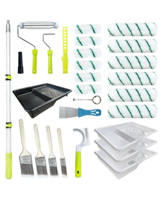 Paint Roller Kit Extension Pole 28 Set 2-4 Feet 4"9" Brushes Latex Oil Stains