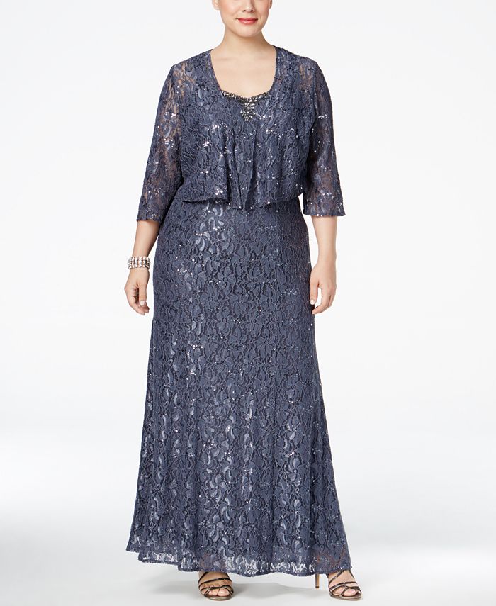 Alex Evenings Plus Size Embellished Lace Gown and Draped Jacket - Macy's