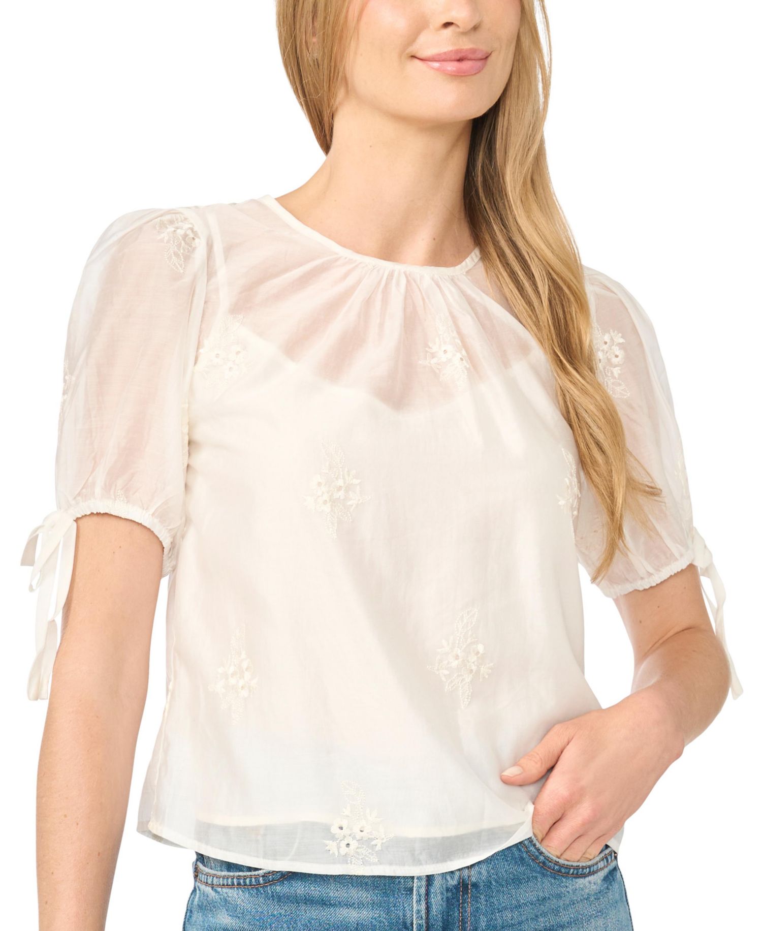 Women's Bubble Short-Sleeve Floral-Print Shirred Neck Top