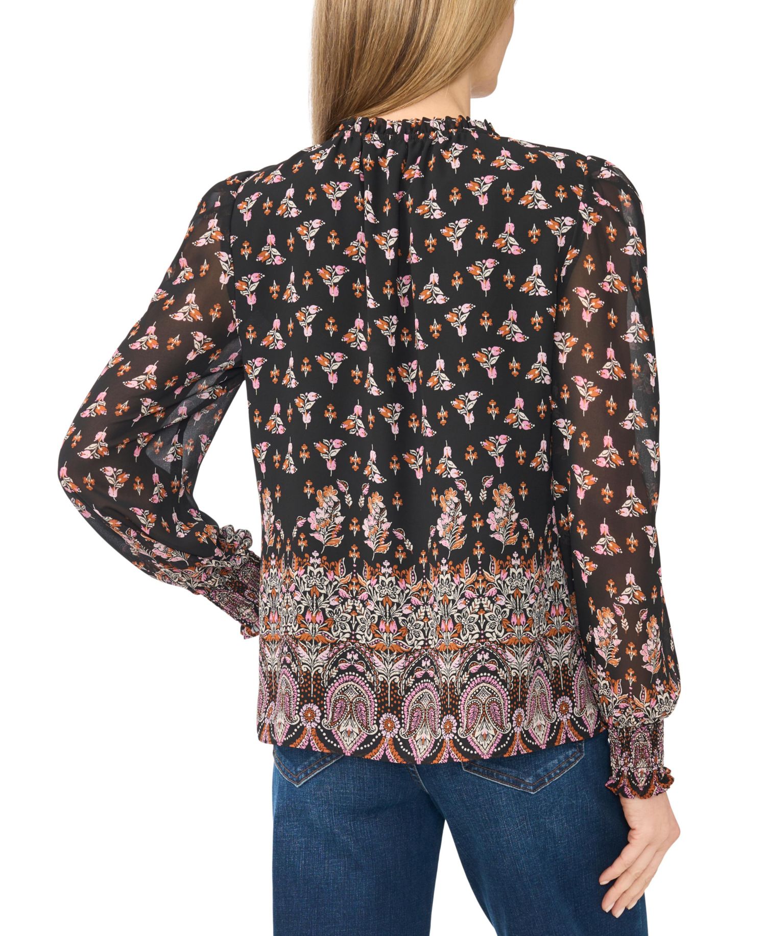 Women's Long-Sleeve V-Neck Smocked Cuff Ruffle Blouse