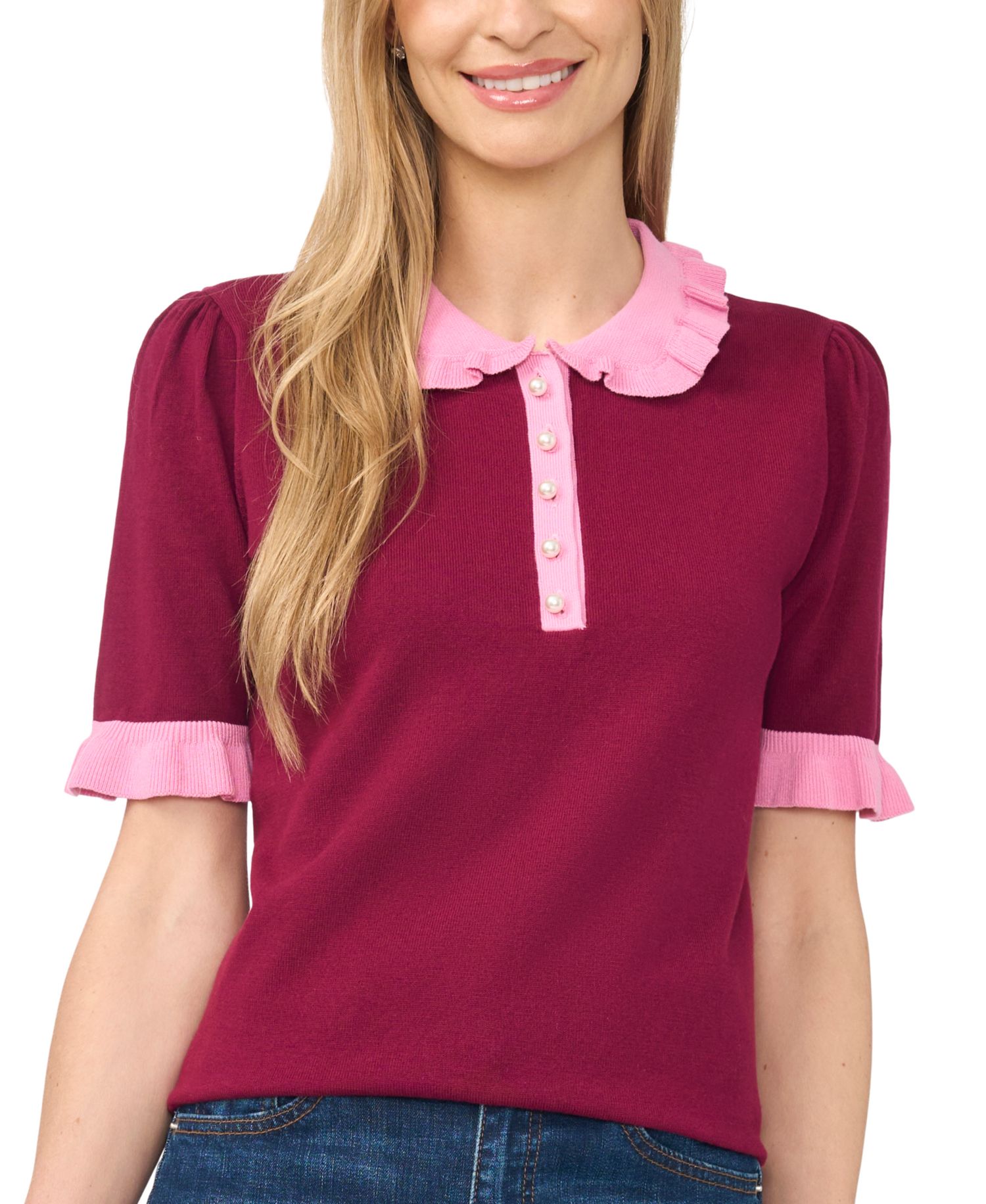 Women's Cotton Ruffle-Collar Short-Sleeve Top
