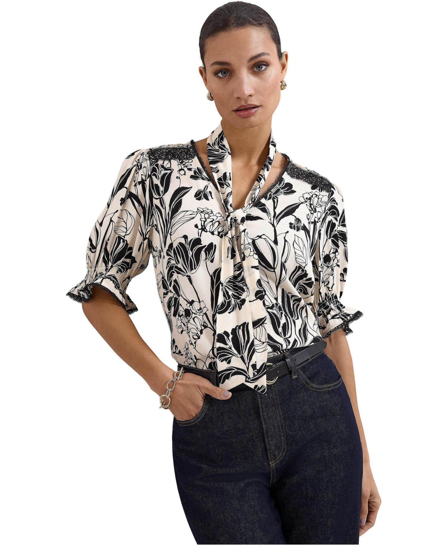 Women's Aisra Lace Floral-Print Tie Neck Blouse