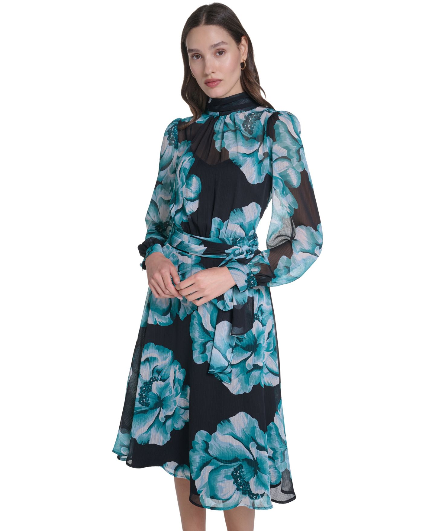 Женское платье Calvin Klein Wedding Guest Floral-Print Long-Sleeve Chiffon Midi, цвет: Чёрный, вариант 1 — фото 2