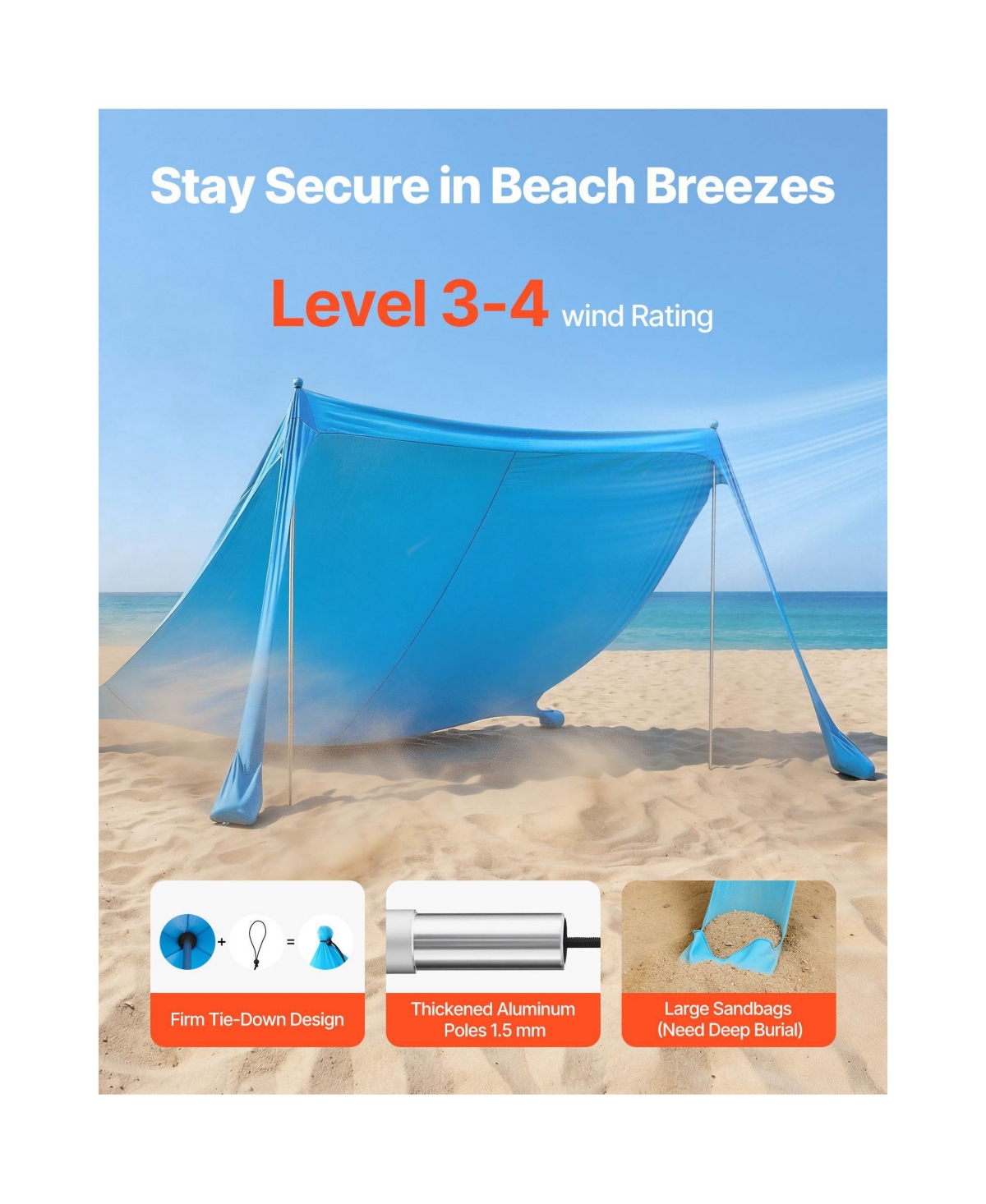 Mountaintop Beach Tent Sun Shelter, UPF50+ Pop-Up Canopy, 6.6ft Tall, Sandbags