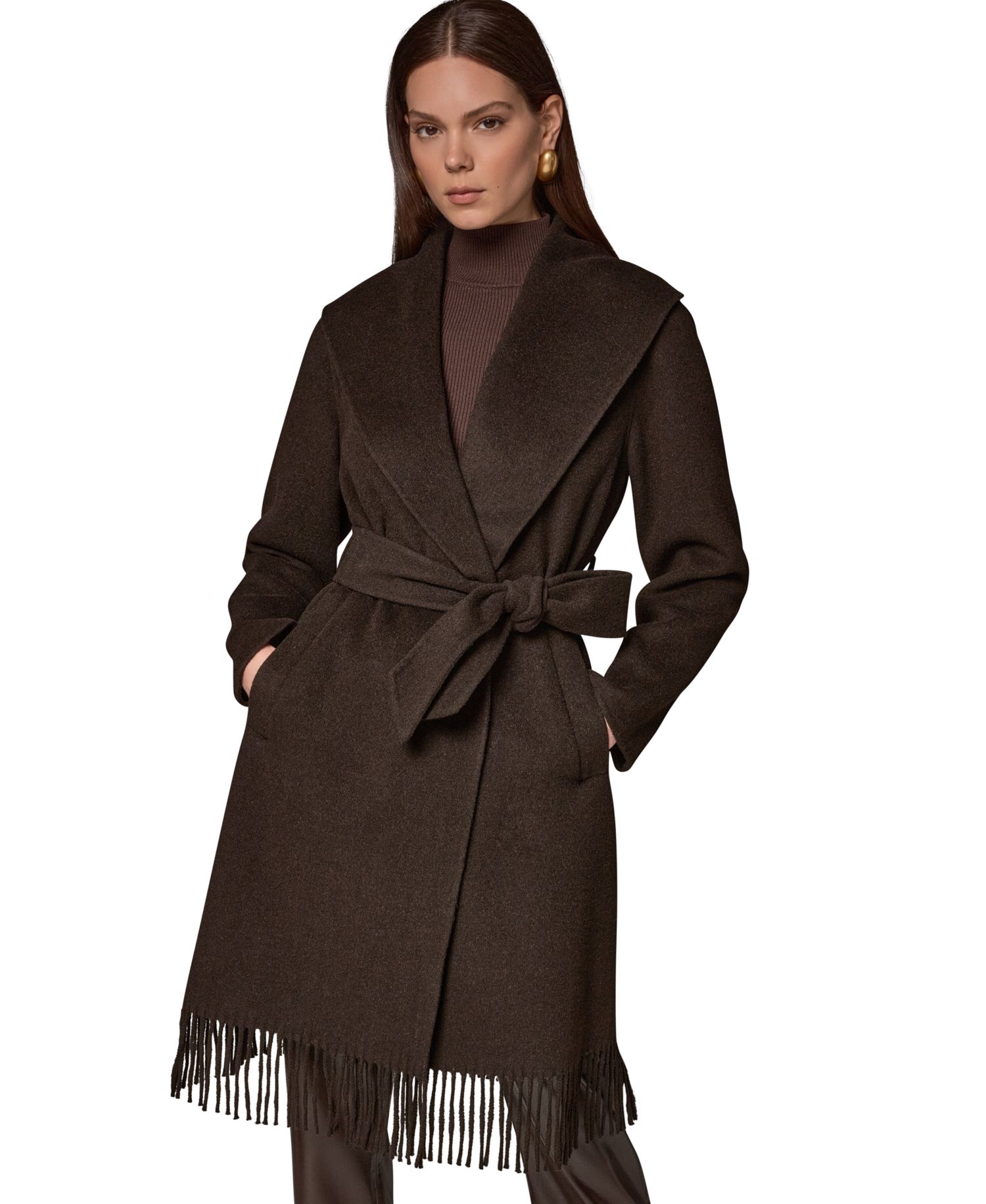 Women's Belted Fringe Wool-Blend Shawl-Collar Mid-Length Coat