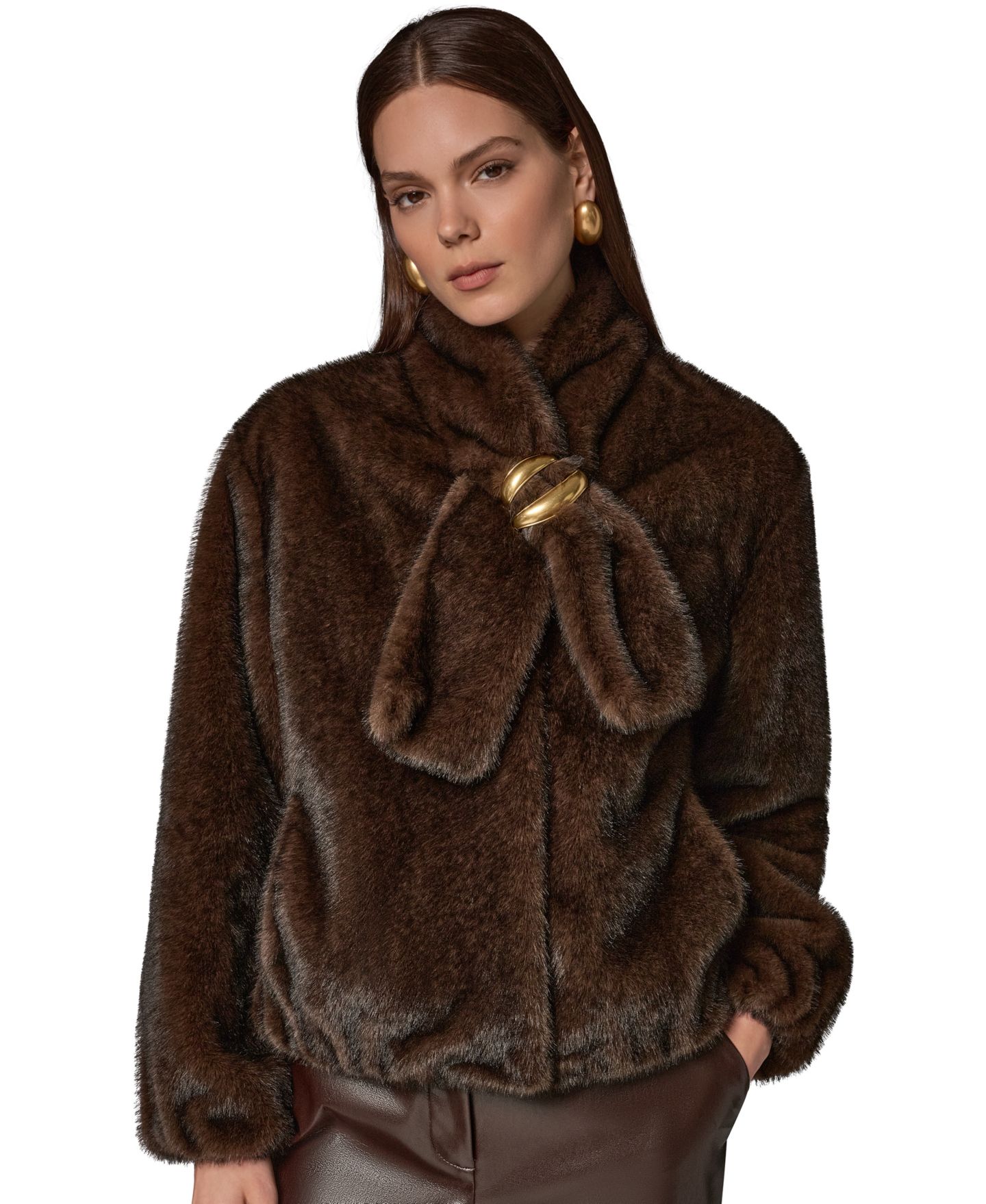 Женское короткое пальто из искусственного меха Donna Karan New York с шарфом, цвет: Шоколадный — фото 8