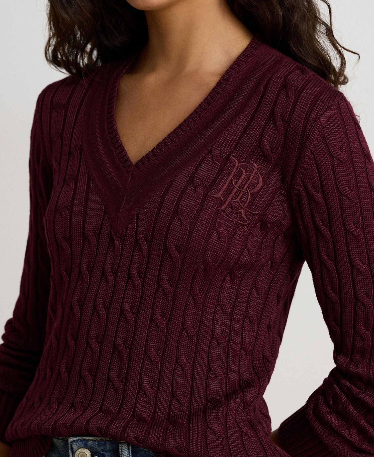 Petite Long-Sleeve V-Neck Cable Knit Sweater