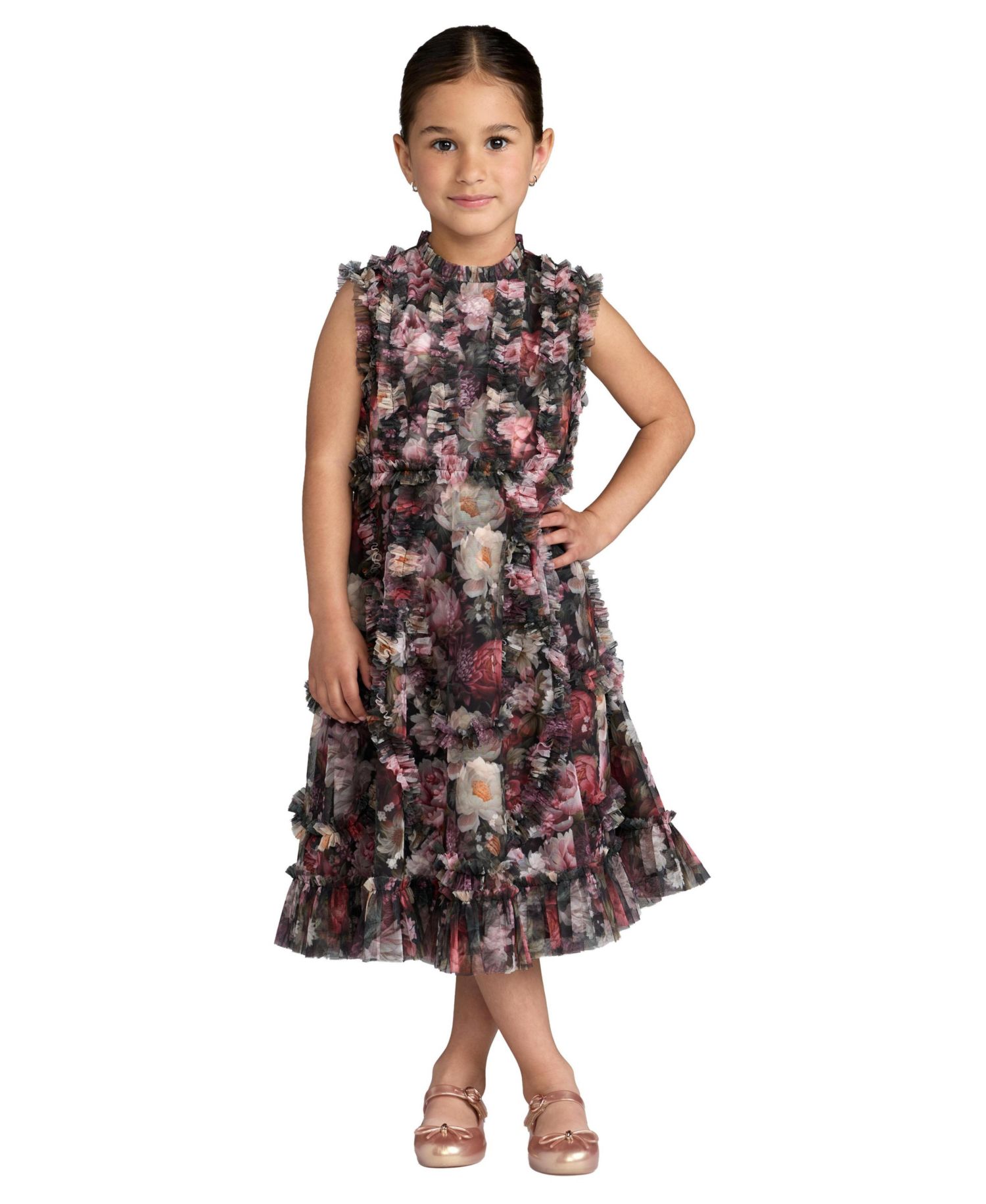 Big Girls 2-14 Sleeveless Mesh Ruffle High Neck Dress