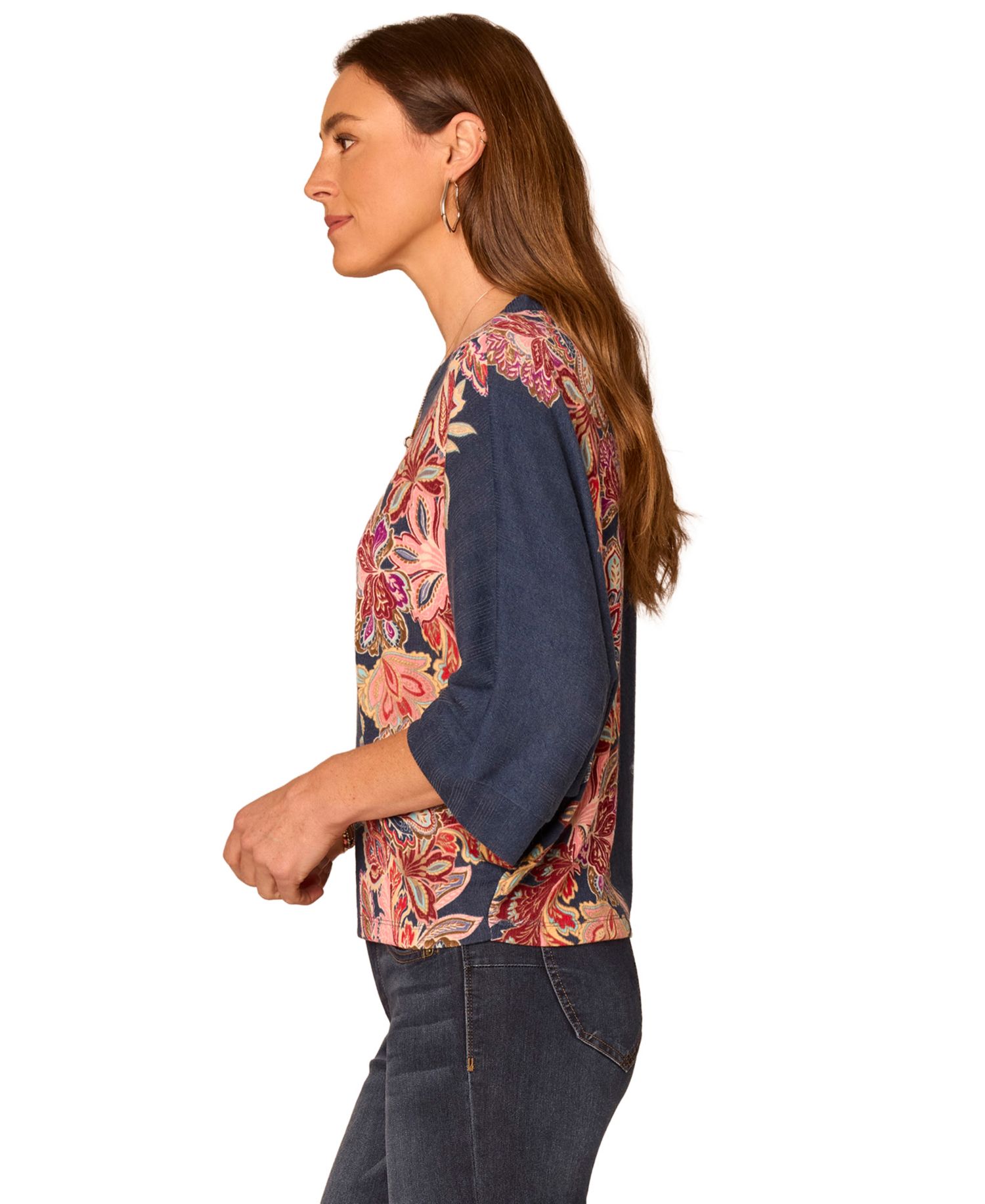 Petite Floral 3/4-Length Dolman Scoop-Neck Blouse