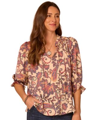 Petite Floral-Print Split Neck Peasant 3/4-Sleeve Blouse