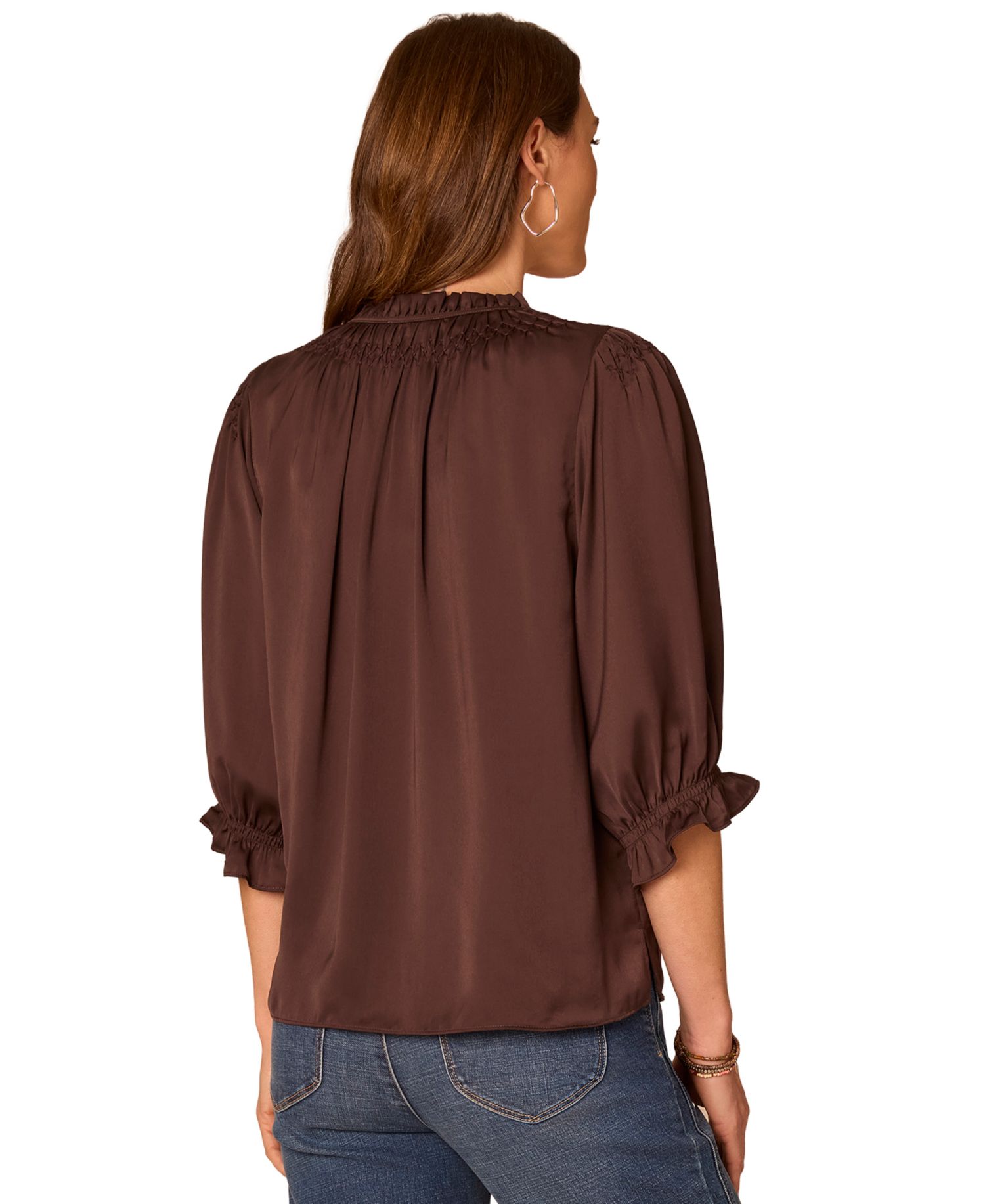Women's Petite 3/4-Sleeve Split-Neck Honeycomb-Embroidered Blouse