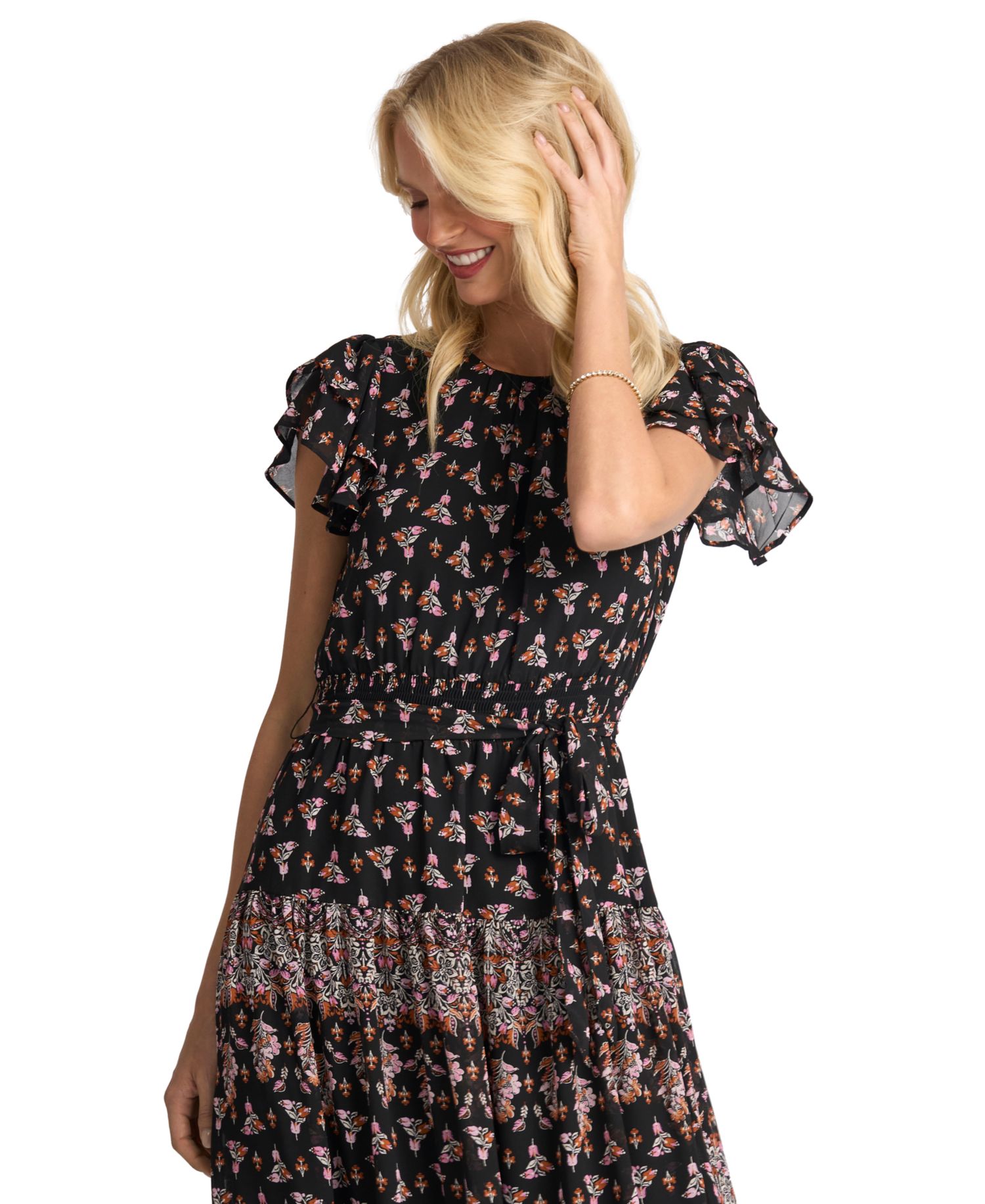 Women's Flutter-Sleeve Tie-Waist Midi Dress