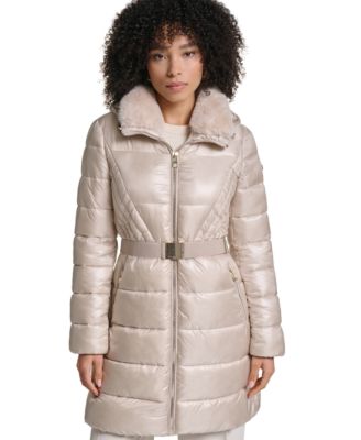 Women's Hooded Belted Faux-Fur Collar Puffer Coat, Created for Macy's
