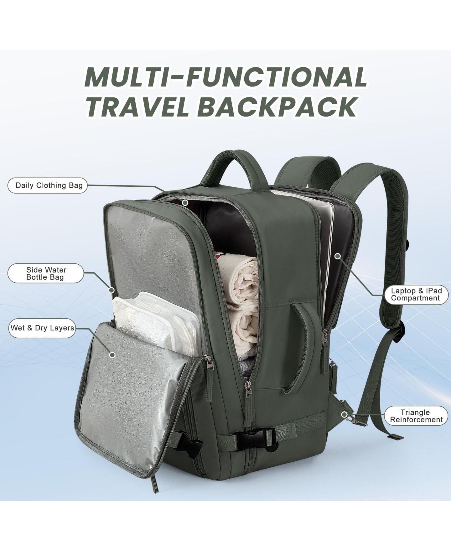 Рюкзак Piscifun 16 Inch Laptop Carry On Travel Waterproof Daypack With USB Charging Port, цвет: Оливковый зелёный — фото 3