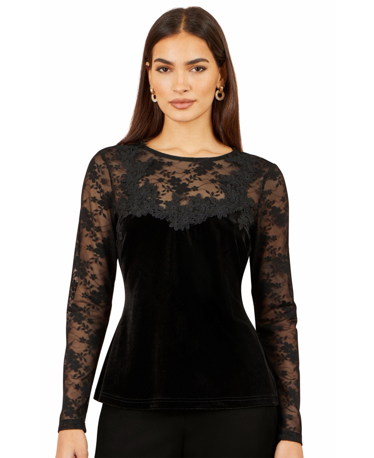 Yumi Women's Long-Sleeve Floral-Print Lace Blouse - Black