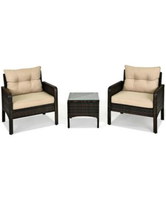 3 Pieces PE Rattan Patio Conversation Set with Removable Seat Cushions and Tempered Glass Coffee Table
