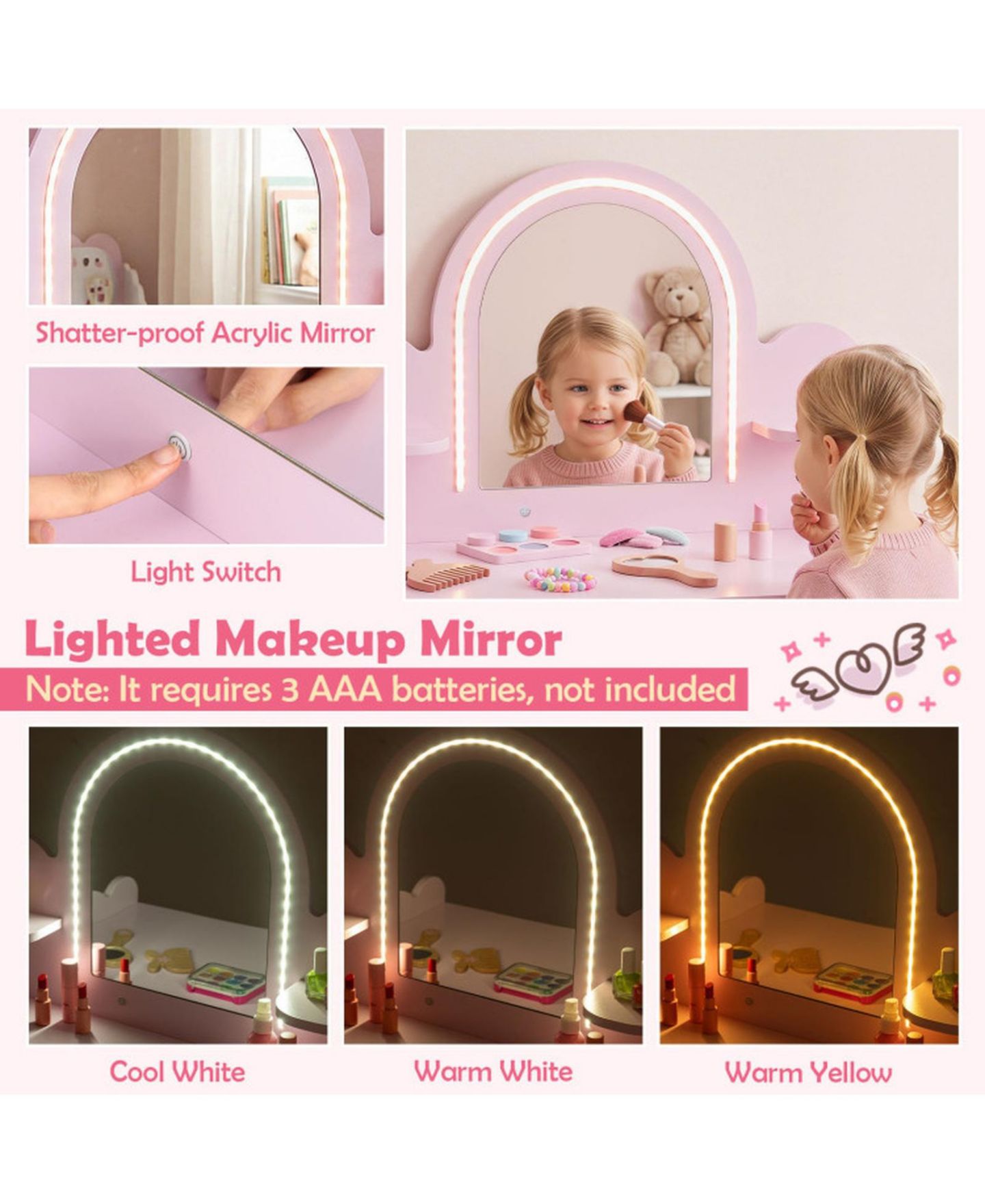 Детские игрушки HONGGE Lighted Makeup Mirror 2-Piece Vanity and Chair Set, Ages 3+, цвет: Розовый / Коричневый — фото 7