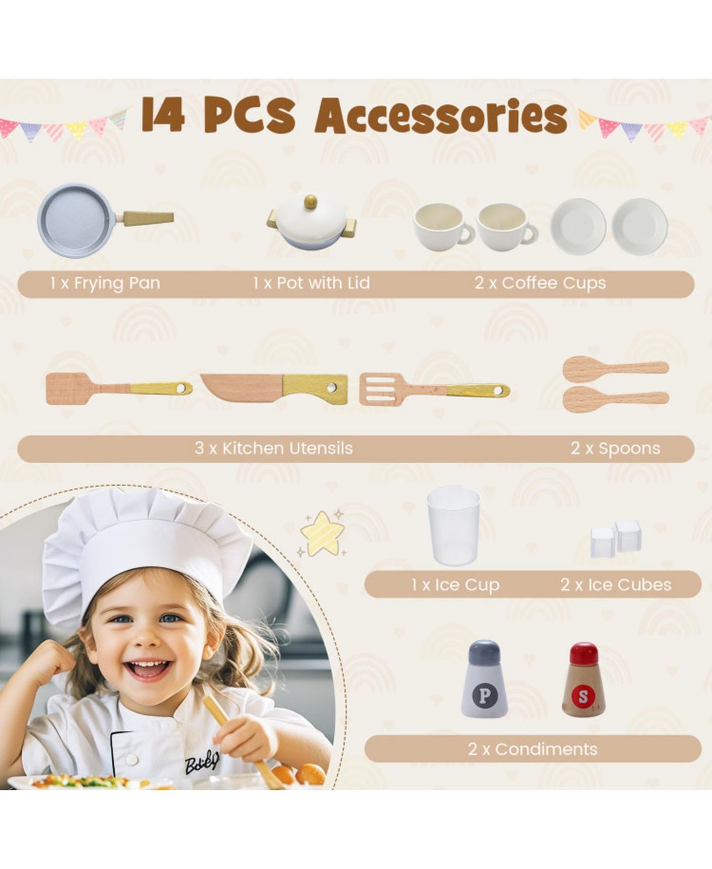 Детские игрушки HONGGE Clicking Knobs 14-Piece Play Kitchen, Ages 3+, цвет: Тёплый бежевый — фото 4