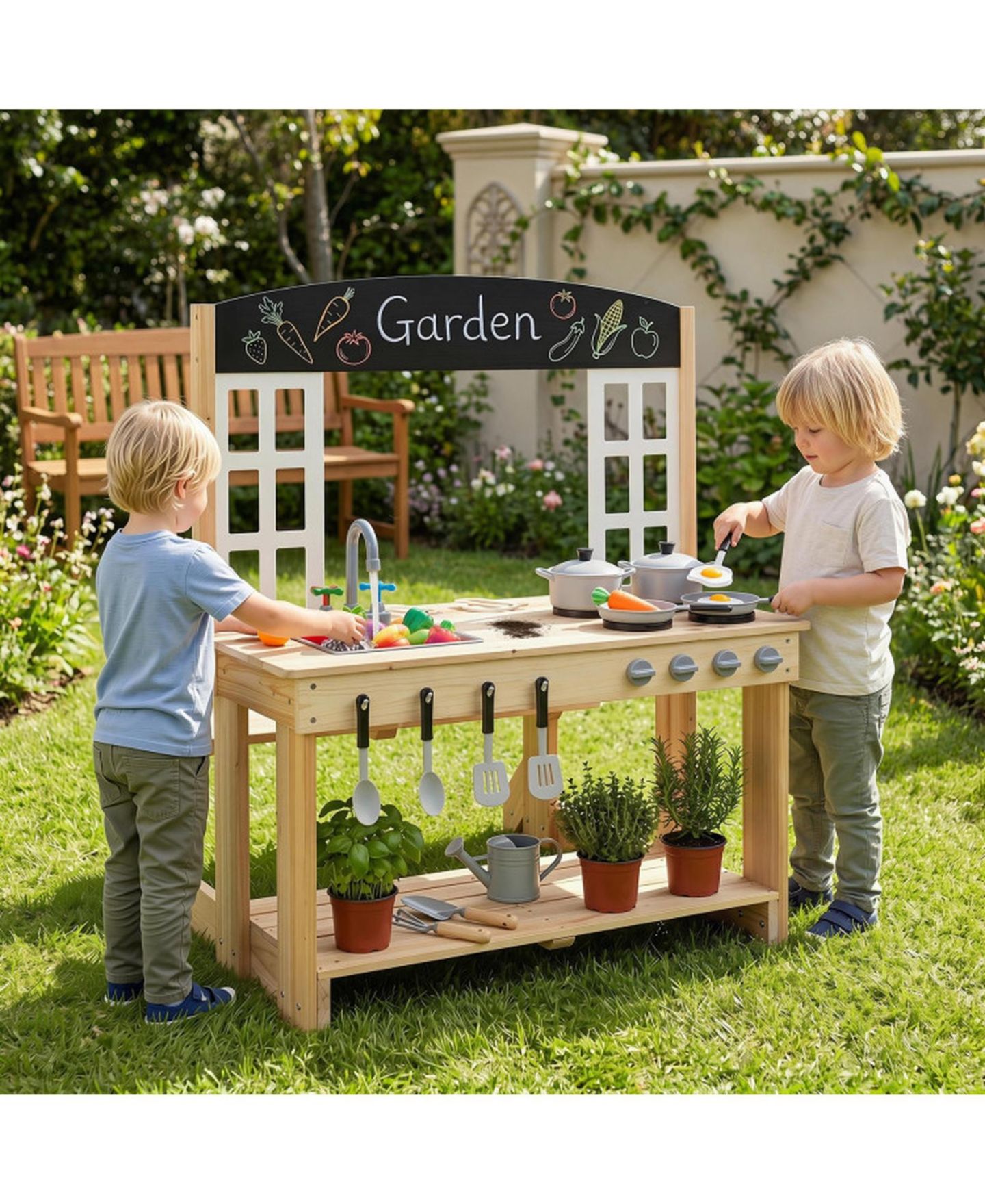 Детский игровой набор HONGGE Wooden Outdoor 2-in-1 Mud Kitchen Playset, Ages 3+, цвет: Натуральный — фото 10