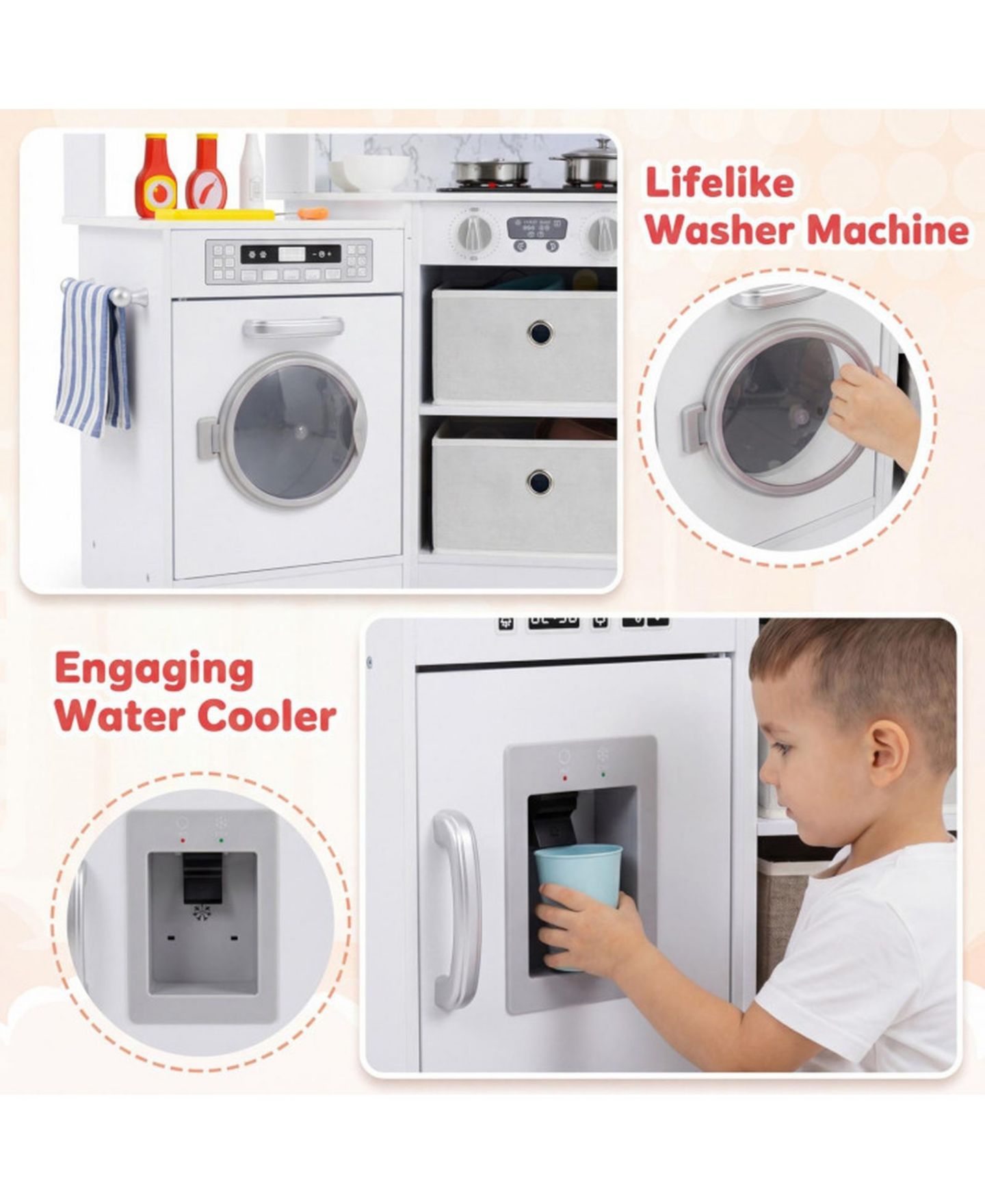 Детская игрушка HONGGE Wooden Kids Play Kitchen with Water Circulation Sink and Sounds, цвет: Серый / Кофейный — фото 7
