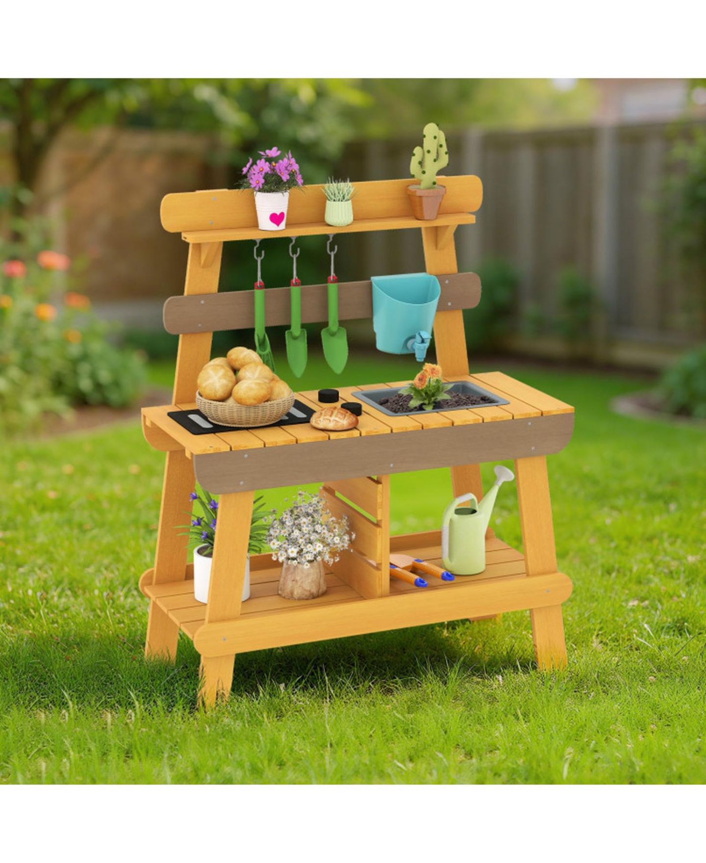 Детская игрушка HONGGE Outdoor Wooden Mud Kitchen with Grill Rack and Garden Tools, цвет: Однотонный — фото 2