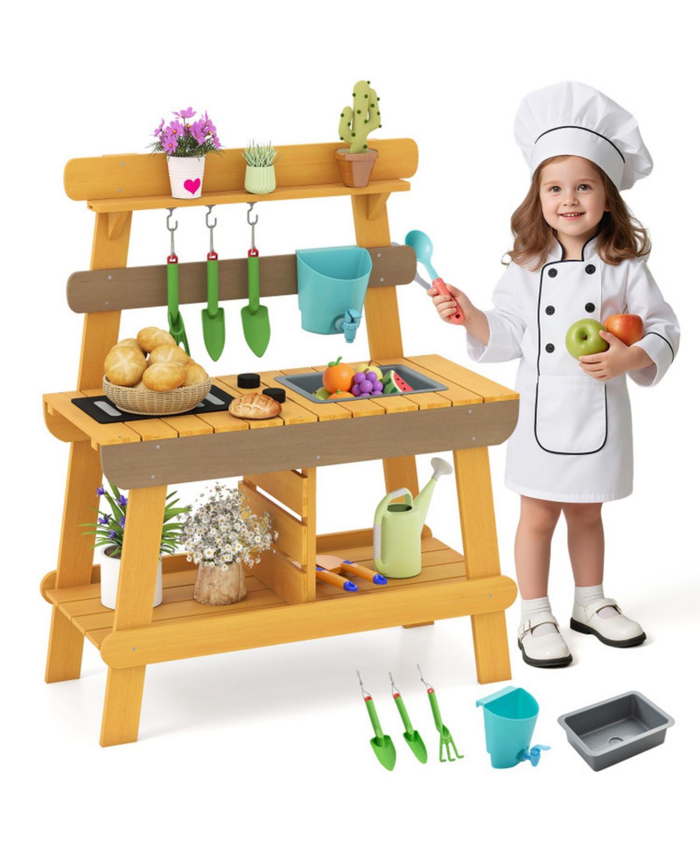 Детская игрушка HONGGE Outdoor Wooden Mud Kitchen with Grill Rack and Garden Tools, цвет: Однотонный — фото 10