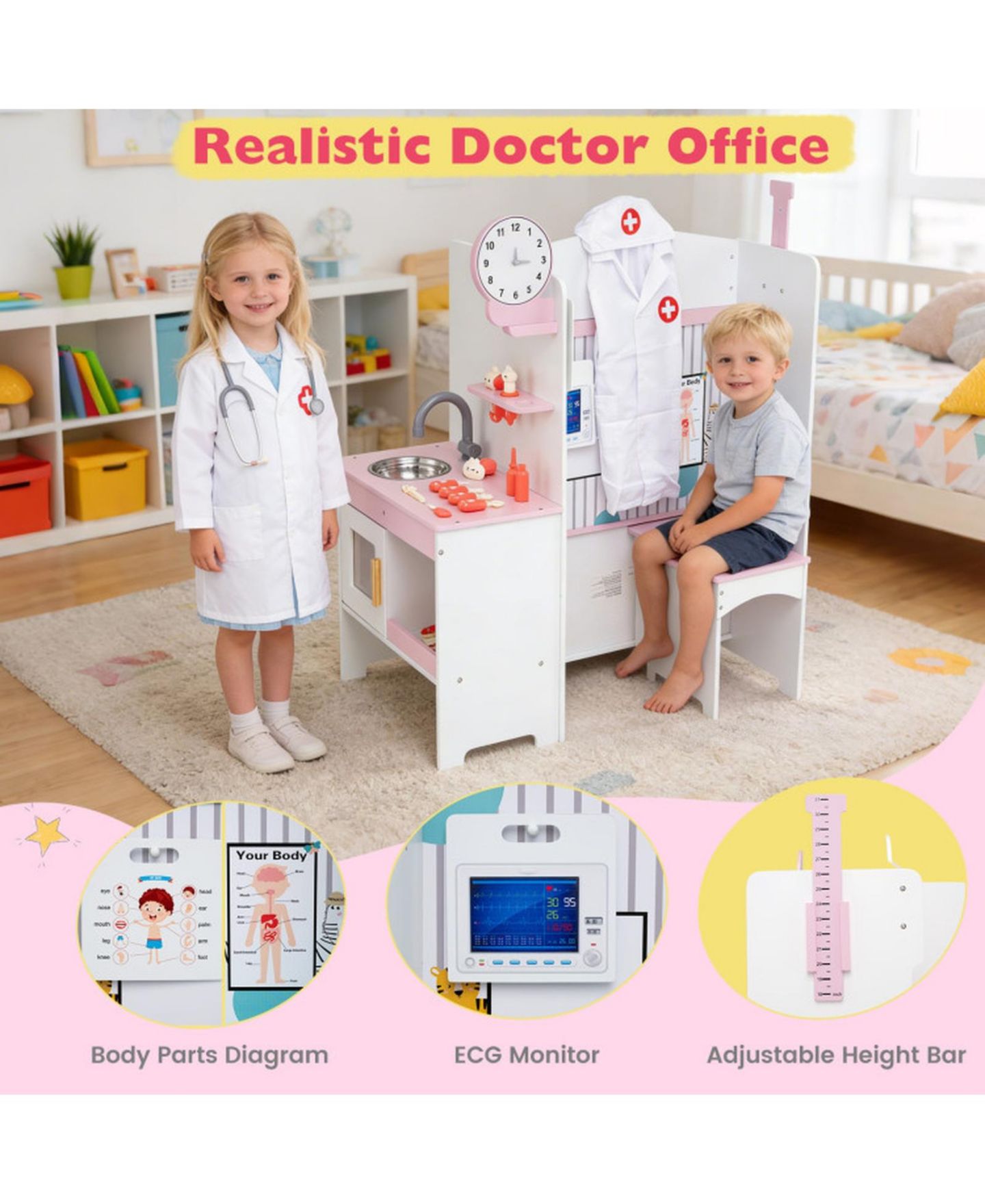 Детские игрушки HONGGE Kids Doctor Adjustable Height Bar Hand Washing Station 27-Piece Play Set, Ages 3+, цвет: Розовый / Белый — фото 8