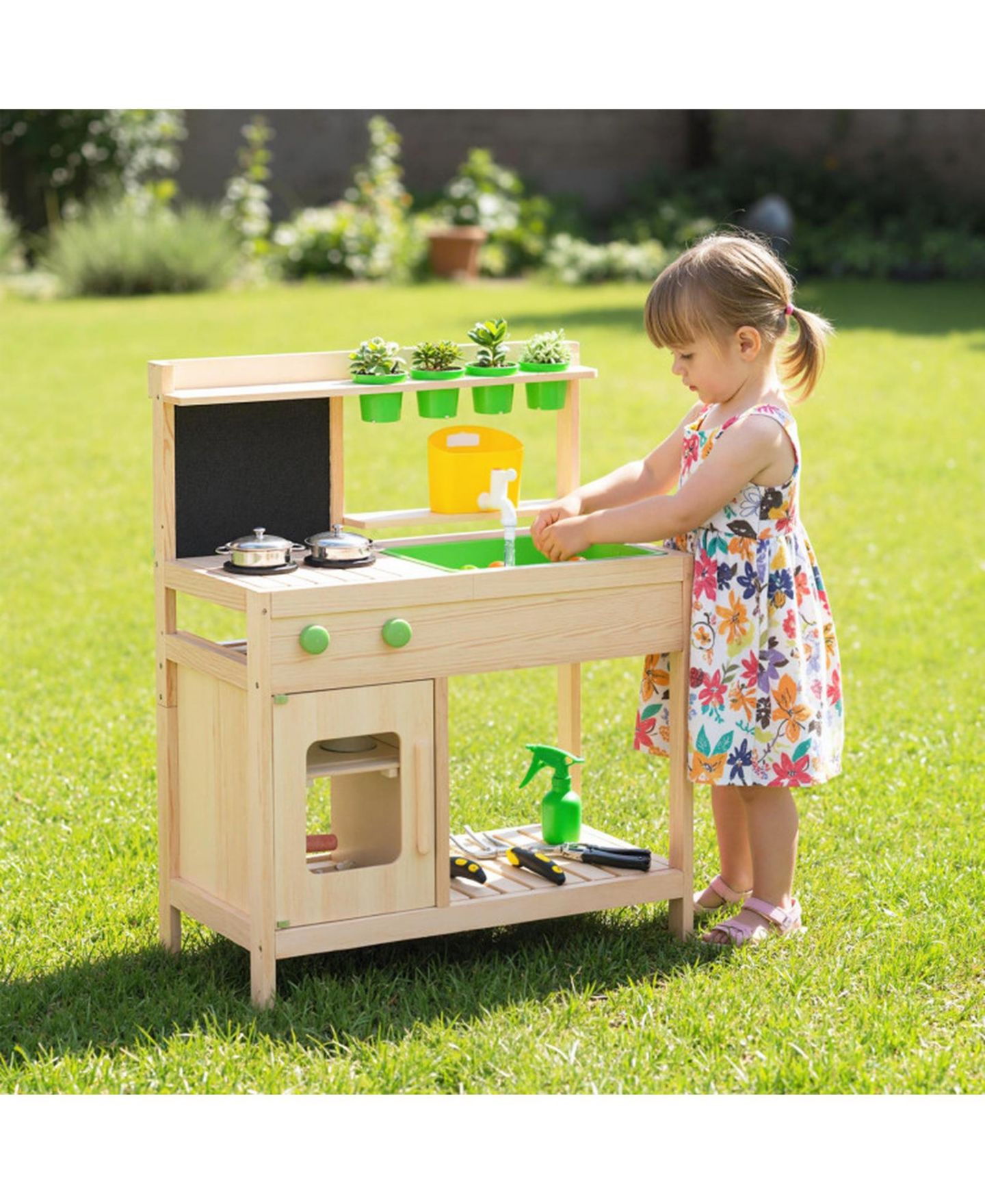 Детские игрушки HONGGE Mud Kitchen Chalkboard 4-Piece Play Kitchen, Ages 3+, цвет: Светлый сосновый — фото 2