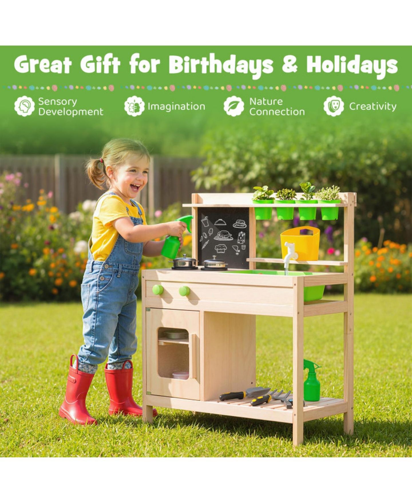 Детские игрушки HONGGE Mud Kitchen Chalkboard 4-Piece Play Kitchen, Ages 3+, цвет: Светлый сосновый — фото 9