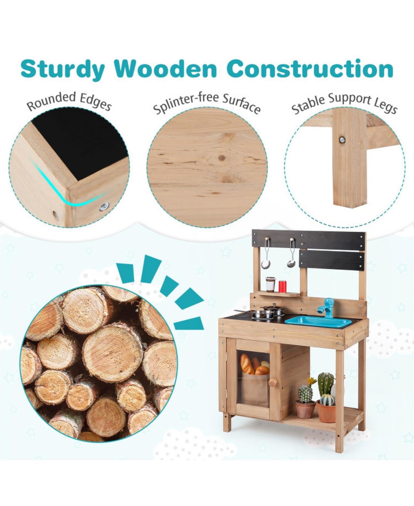 Детские игрушки HONGGE Wooden Circulating Water Faucet 5-Piece Mud Kitchen, Ages 3+, цвет: Коричневый / Чёрный — фото 8