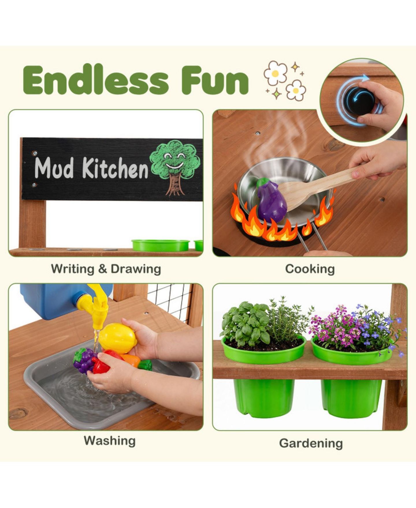 Детская игрушка HONGGE Outdoor Mud Kitchen with Removable Birdcage and Planter Box, Ages 3+, цвет: Тёплый коричневый — фото 6