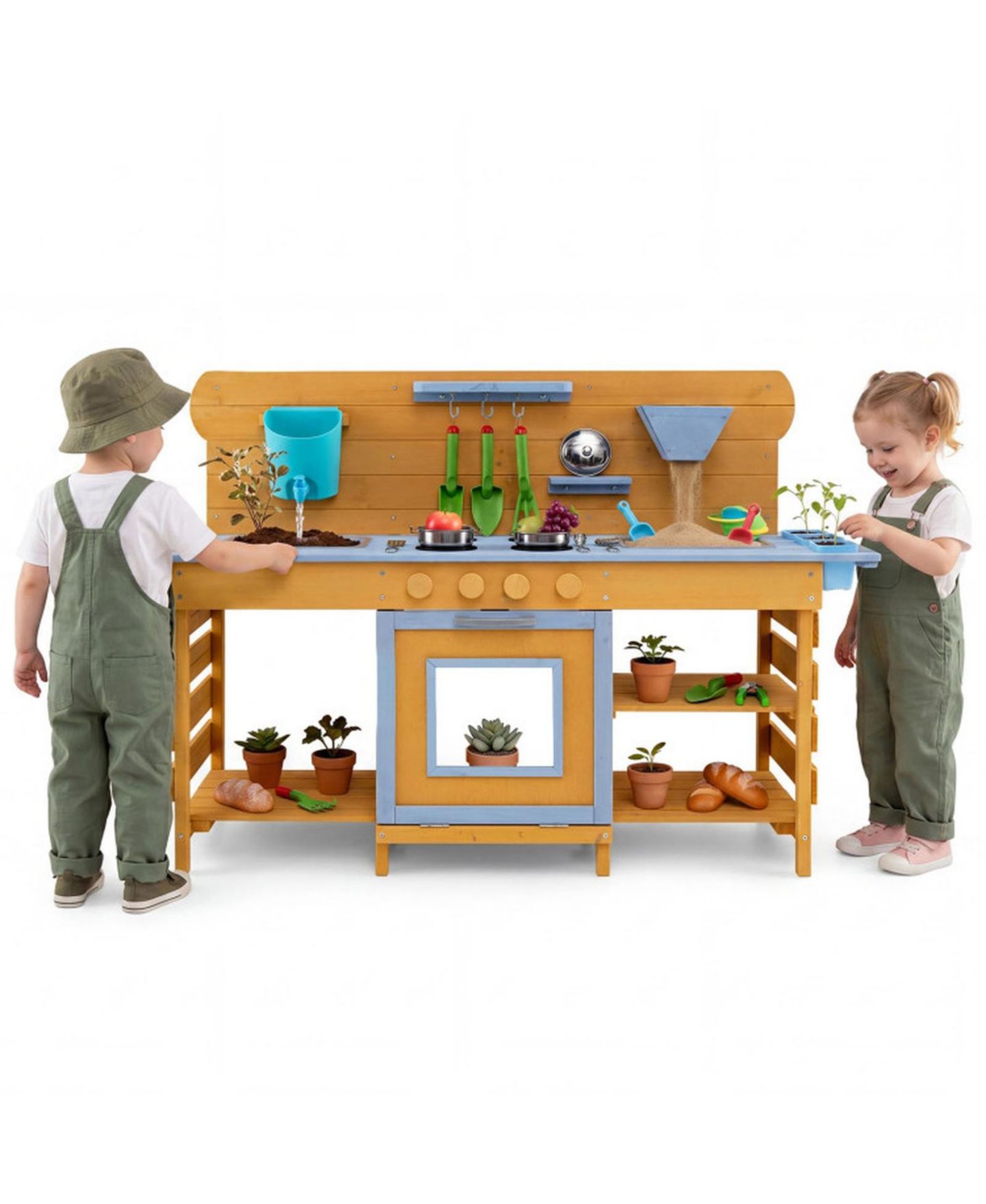 Детские игрушки HONGGE Wooden Mud Kitchen 2-Sink, 4-Stove 14-Piece Play Set, Ages 3+, цвет: Натуральный — фото 3